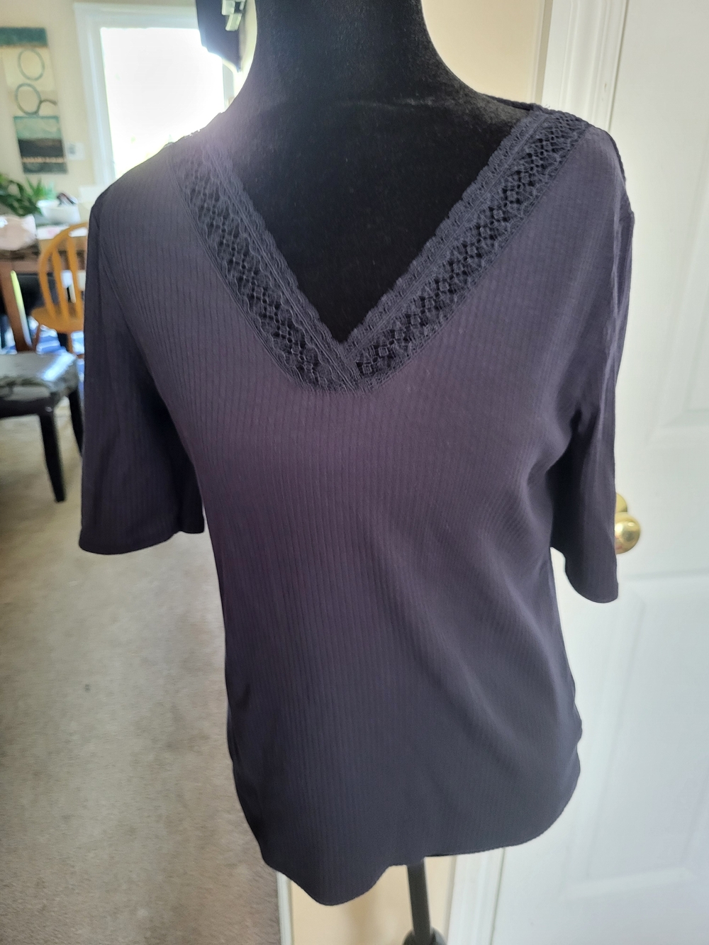 Talbots Lace-Trim Ribbed V-Neck Tee - Black